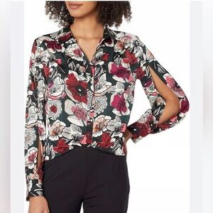 Trina Turk Silk Acacia Melrose Floral Botanical Long Slit Sleeve Sz Medium Shirt